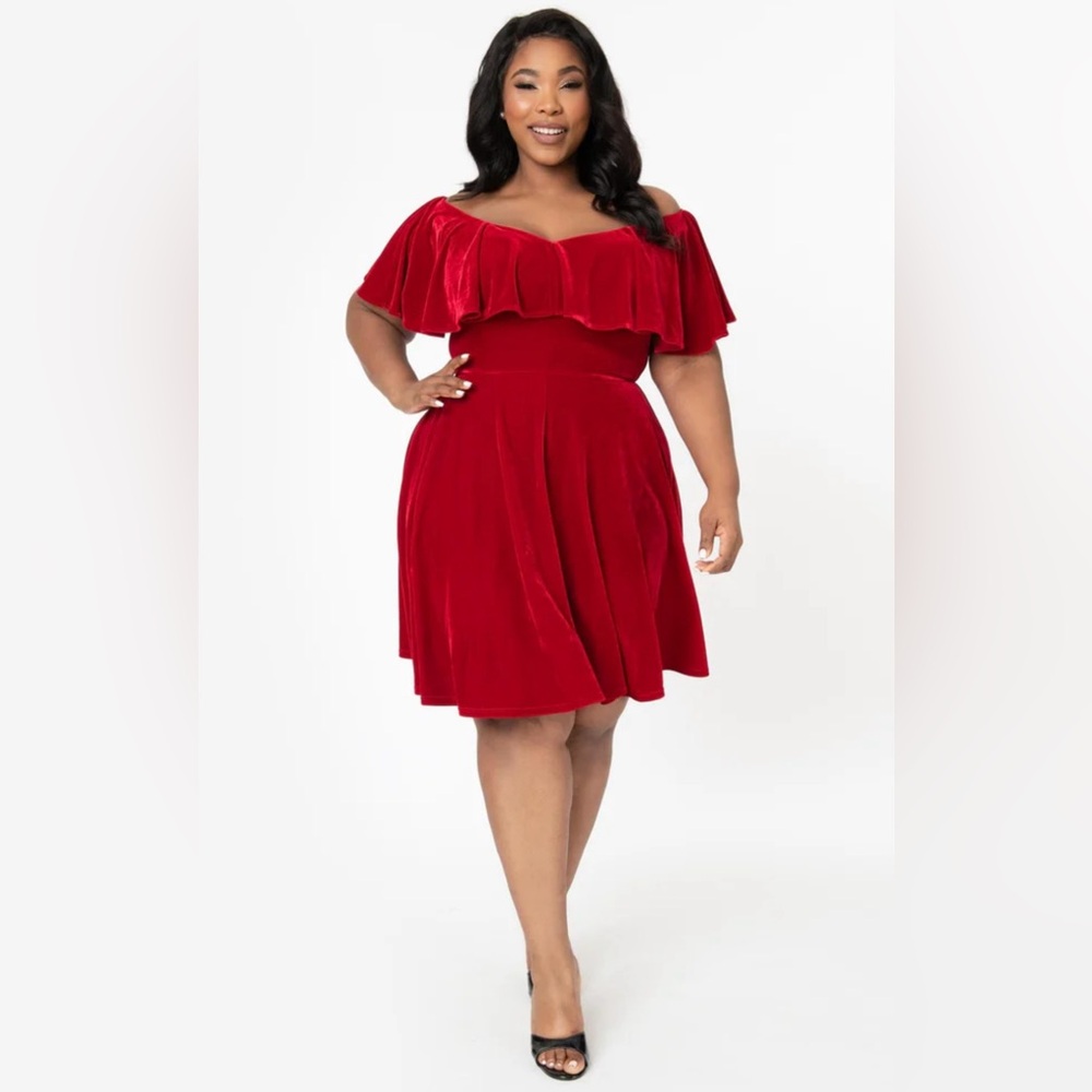 EUC Unique Vintage Gidget Fit&Flare size 1x Red Velvet Off-Shoulder Midi Dress
